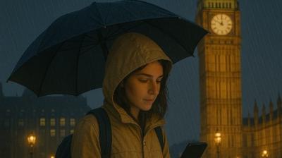Woman with an umbrella looking at her phone in the rain by a clock tower