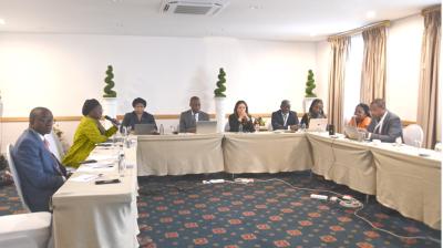 A group of people sit around a U-shaped conference table in a meeting room, each with laptops or documents, engaged in discussion.