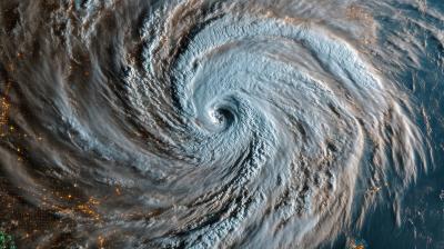 Satellite view of a large hurricane swirling over land and ocean, with city lights visible beneath the clouds on the left side of the image.