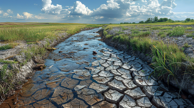 A narrow stream with cracked, dry earth and patches of water runs through grassy fields under a partly cloudy sky.