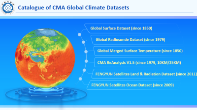 A digital illustration of Earth alongside a list of CMA global climate datasets, including surface, radiosonde, satellite, and reanalysis data with start years.