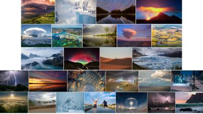 A collage of 30 photographs displaying diverse natural phenomena, including storms, auroras, glaciers, volcanic eruptions, and unique cloud formations in various landscapes.