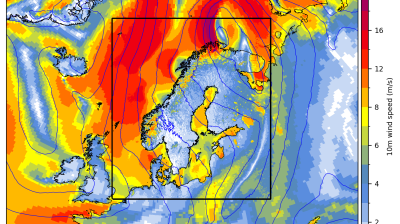 A weather map showing 10m wind speed (m/s) over Scandinavia and surrounding regions on 2020/05/12 00Z, with wind speeds indicated by a color scale from 0 to 20.