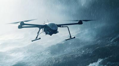 Drone in storm over roiling waters