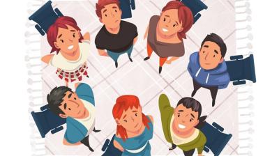 Illustration of eight people standing in a circle and looking upward, viewed from above, with blue chairs arranged around them on a checkered rug.