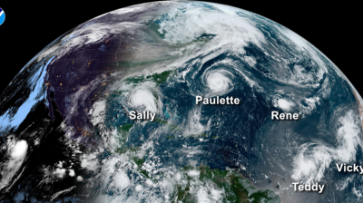 Satellite image of the Atlantic Ocean showing five named storms: Sally, Paulette, Rene, Teddy, and Vicky, with each storm labeled over its location.