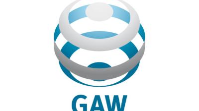 A spherical blue and white logo with the letters "GAW" printed below it in blue.