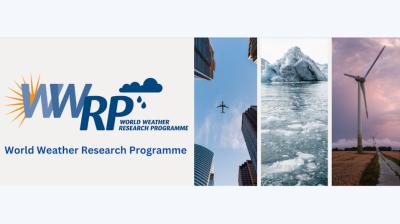 World Weather Research Programme logo with images of a flying plane over buildings, melting icebergs, and wind turbines.