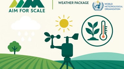 Illustration of a weather station in a field with icons for sun, rain, and plant growth, alongside the World Meteorological Organization and AIM for Scale logos.