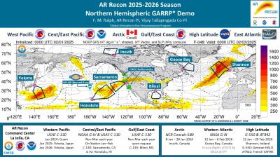 Map displaying AR Recon flight routes for the 2025-2026 season across the Northern Hemisphere, with departure locations, expected paths, and meteorological data overlays.