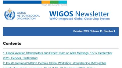 WIGOS Newsletter cover page showing table of contents with links to articles and events, published by the World Meteorological Organization for October 2025, Volume 11, Number 4.