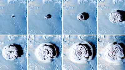 A sequence of eight satellite images shows the progression of a large volcanic eruption plume rising and expanding over the ocean.