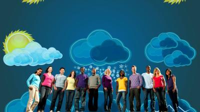 A diverse group of people stands in front of a blue background with illustrated clouds, sun, and snowflakes.