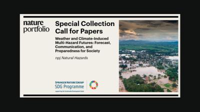 Nature Portfolio call for papers on weather and climate-induced hazards, with an image of a flooded town and cloudy sky, promoting the Springer Nature Group SDG Programme.