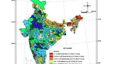 Map of India showing the Standardized Precipitation Index for January–December 2025, with regions marked from extremely dry (red) to extremely wet (blue) based on SPI values.