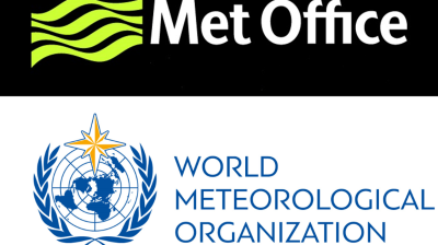 Logos of the Met Office and the World Meteorological Organization, with their names displayed beside and below their respective emblems.