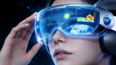 A person wearing futuristic virtual reality goggles displays digital data and graphs, with a space-themed background.