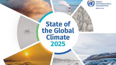 State of the Global Climate 2025 report cover with images of weather events, pollution, melting ice, a mosquito, and climate-impacted landscapes.