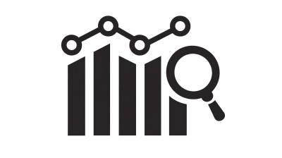 Black icon showing a bar chart, a line graph above the bars, and a magnifying glass, representing data analysis or statistical review.