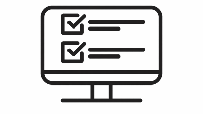 A simple black and white line drawing of a computer monitor displaying two checkboxes with check marks next to lines of text.