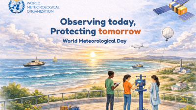 Three people use meteorological instruments on a coastal balcony at sunset, with boats, a weather balloon, satellite, and observatory visible; World Meteorological Organization branding present.