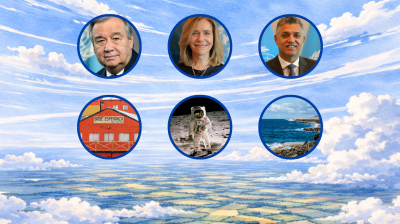 A grid of five circles shows three headshots, a red building labeled "BASE ESPERANZA," an astronaut on the moon, and a rocky coastline, all over a sky and cloud background.