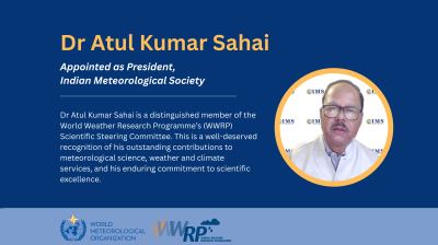 Dr. Atul Kumar Sahai is announced as President of the Indian Meteorological Society, with a photo and summary of his scientific contributions.