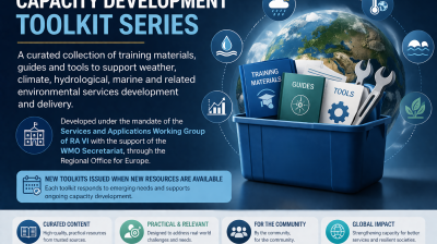 A blue bin filled with documents labeled training materials, guides, and tools represents the Capacity Development Toolkit Series for environmental services, with informational text and icons.