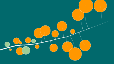 A stylized diagram of a branching white line with multiple orange and a few pale green circles against a teal background.