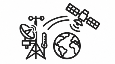 Black and white illustration of a satellite, Earth, weather station with antenna, and thermometer communicating via signals.