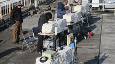 Several people work with covered scientific instruments on a rooftop, surrounded by technical equipment and chairs, under clear weather.