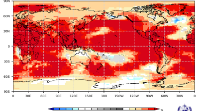 World map showing probabilistic forecast of 2m temperature for June-August 2026, with most regions predicted to have above-normal temperatures, especially over land and northern oceans.