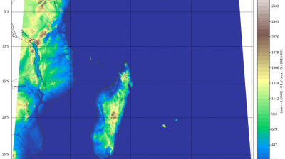 Topographic map showing elevation levels around Madagascar and eastern Africa, with color gradients indicating altitude from -17 to 2823 meters above sea level.