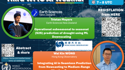 Promotional poster for the Third WMO AI Webinar featuring speakers Tristan Meyers and Wai Kin Wong, with event details, registration info, and organizational logos.