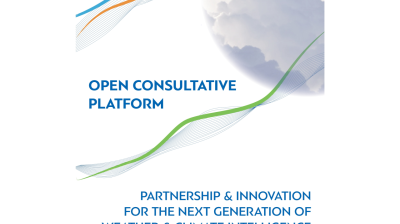 A poster with abstract wave graphics, a partial view of the earth, and text about an open consultative platform for weather and climate intelligence partnership and innovation.