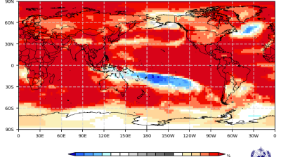A world map showing projected 2m temperature anomalies for August-October 2026, with most regions above normal, especially in the Northern Hemisphere.