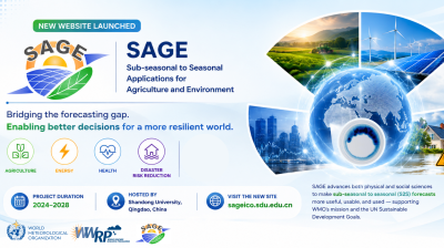 SAGE project infographic highlights agriculture, energy, health, and disaster risk reduction, with project dates, host info, and a globe graphic.
