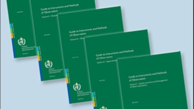 Five green WHO manuals titled "Guide to Instruments and Methods of Observation" are arranged diagonally on a light blue background.