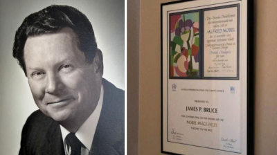 A black-and-white portrait of former WMO Deputy Secretary-General James Bruce ; on the right, a framed certificate for a Nobel Peace Prize is displayed on a wall.