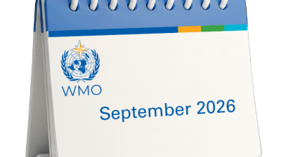 A spiral desk calendar showing the WMO logo and the text “September 2026” on its front page.