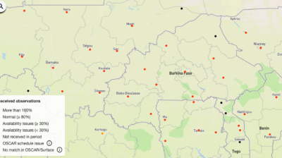 A map of Burkina Faso shows colored dots indicating received observations based on availability levels; a legend on the left explains the color codes for data status.