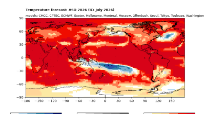 Map showing predicted temperature probabilities for Aug-Sep-Oct 2026, with most regions expected to experience above normal temperatures, especially across the Northern Hemisphere.