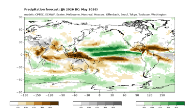 World map showing precipitation forecast for June-August 2026, with brown areas indicating below normal and green areas indicating above normal rainfall probabilities.