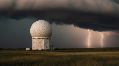 A large geodesic radar dome stands in a grassy field under dark storm clouds, with lightning striking in the background.