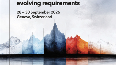 Event poster for a conference on meteorological spectrum use, with mountain imagery and event details: 28-30 September 2026, Geneva, Switzerland, hosted by ITU and WMO.