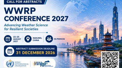 WWRP Conference 2027 announcement; event in Nanjing, China, August 23–25, 2027. Abstract deadline: December 31, 2026. City skyline and traditional pagoda shown.