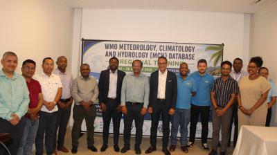 A group of fifteen people standing in front of a banner for a WMO Meteorology, Climatology and Hydrology database training session.