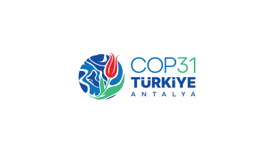 Logo for the COP31 climate conference in Antalya, Turkiye, featuring an abstract blue globe graphic with a red tulip.