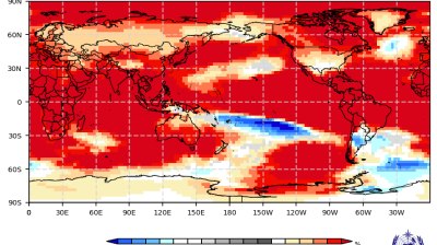 World map showing forecasted surface temperature anomalies for OND 2026; most regions display above-normal temperatures, especially in the Northern Hemisphere and across equatorial regions.