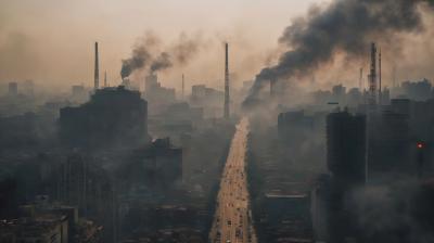 A city skyline shrouded in thick smog with industrial chimneys emitting large plumes of smoke over a busy road.